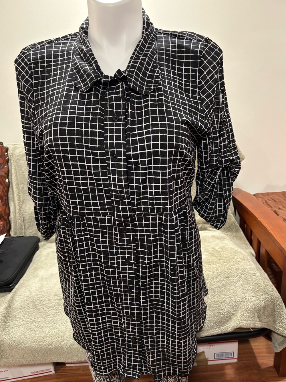 Style & Co. Black Button-Down Top with White Grid